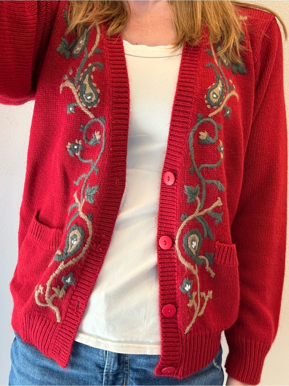 Vintage Suburbans Embroidered Cardigan Sweater Red Floral Paisley Women’s S